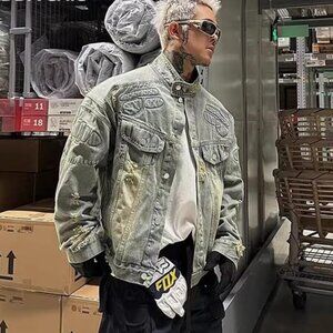 REDDACHIC 90s Retro Destroyed Denim Jacket Men Distressed 3D Padded Long